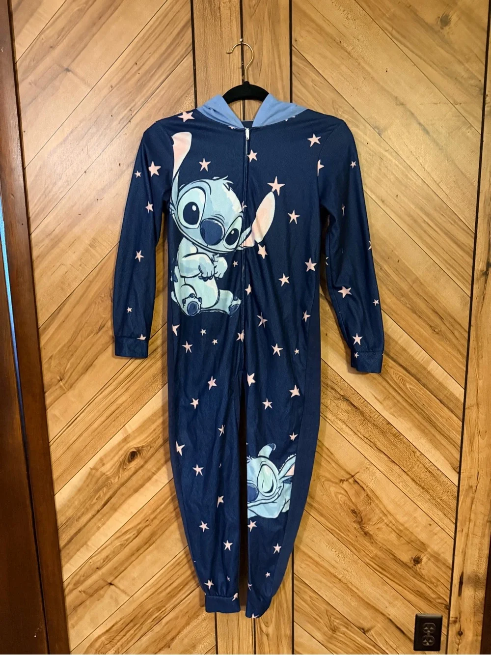 Disney Stitch Girls L 10/12 Hooded Union Suit One Piece Pajamas Onesie
